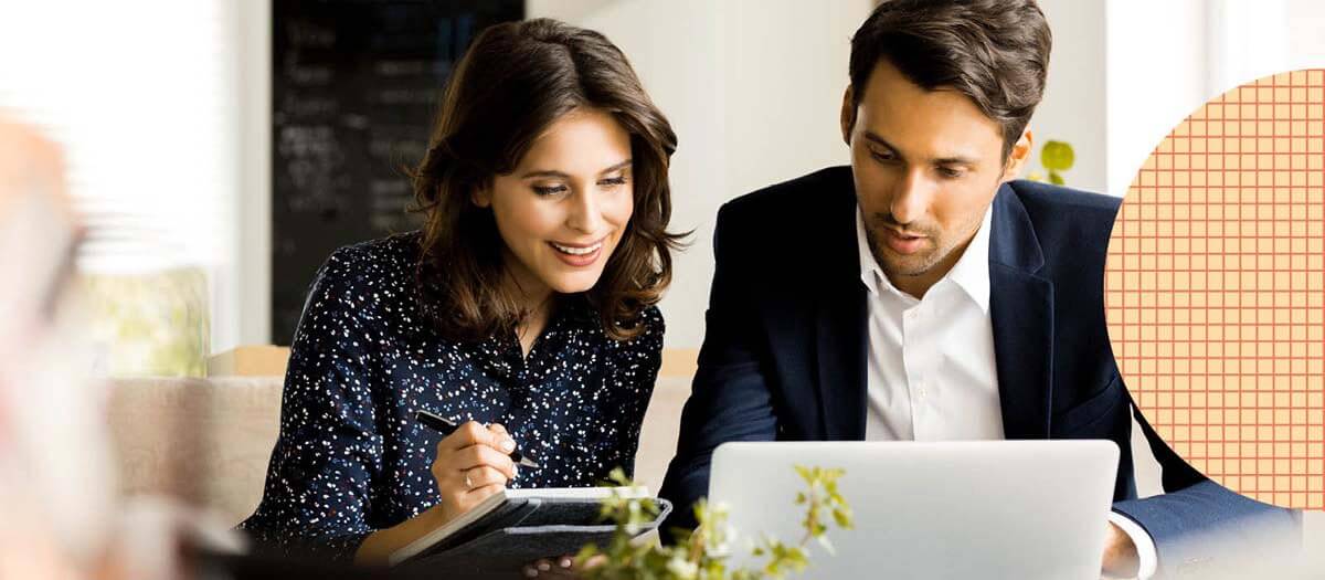 Man and woman with technology  discussing options